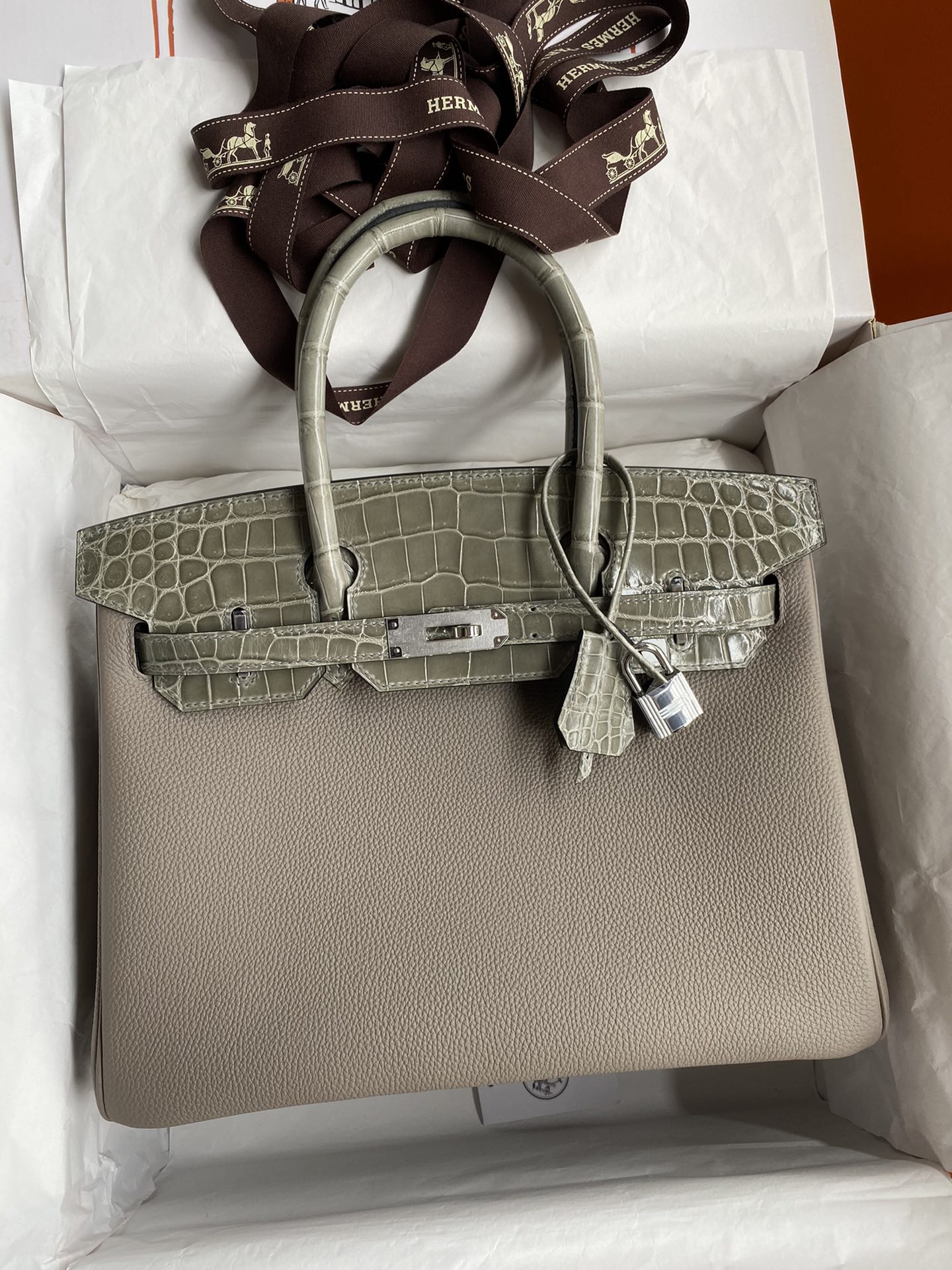 Hermes Touch Birkin 30CM Handbag In Grey Clemence and Shiny Niloticus Crocodile Skin